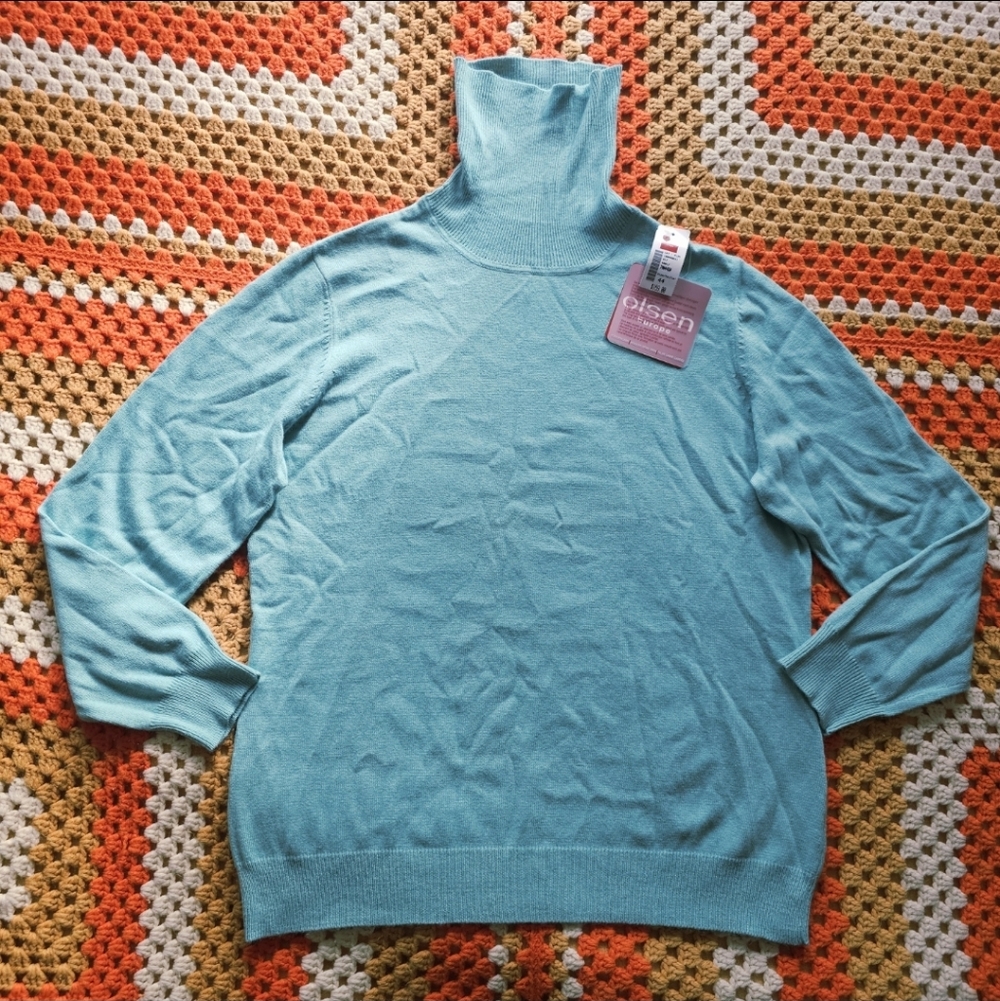 Angora Cashmere Blend Seafoam Blue Light Blue Turtleneck Sweater Brand New